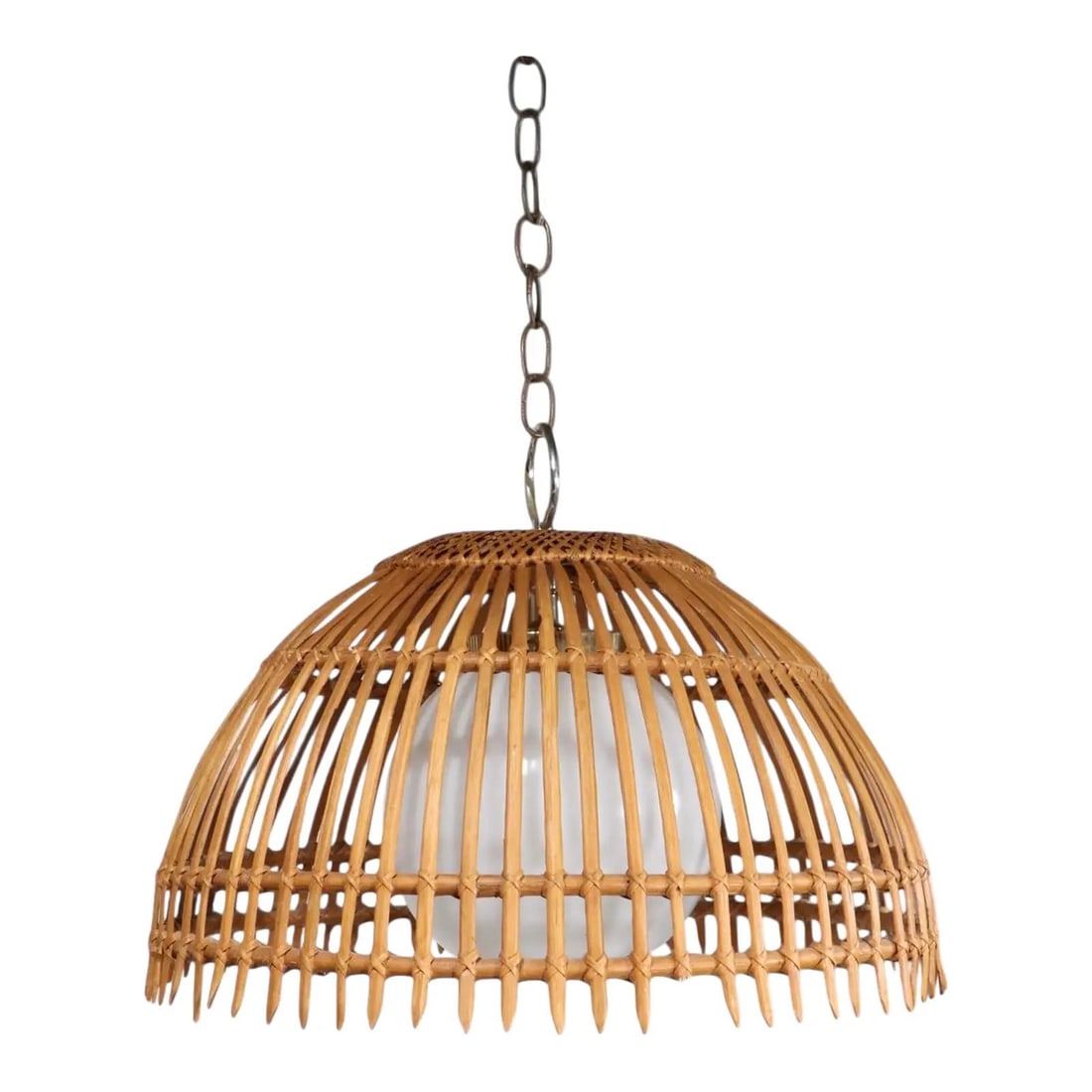 1970s Bohemian Bamboo Dome Pendant Chandelier With Glass Shade (1 of 9)