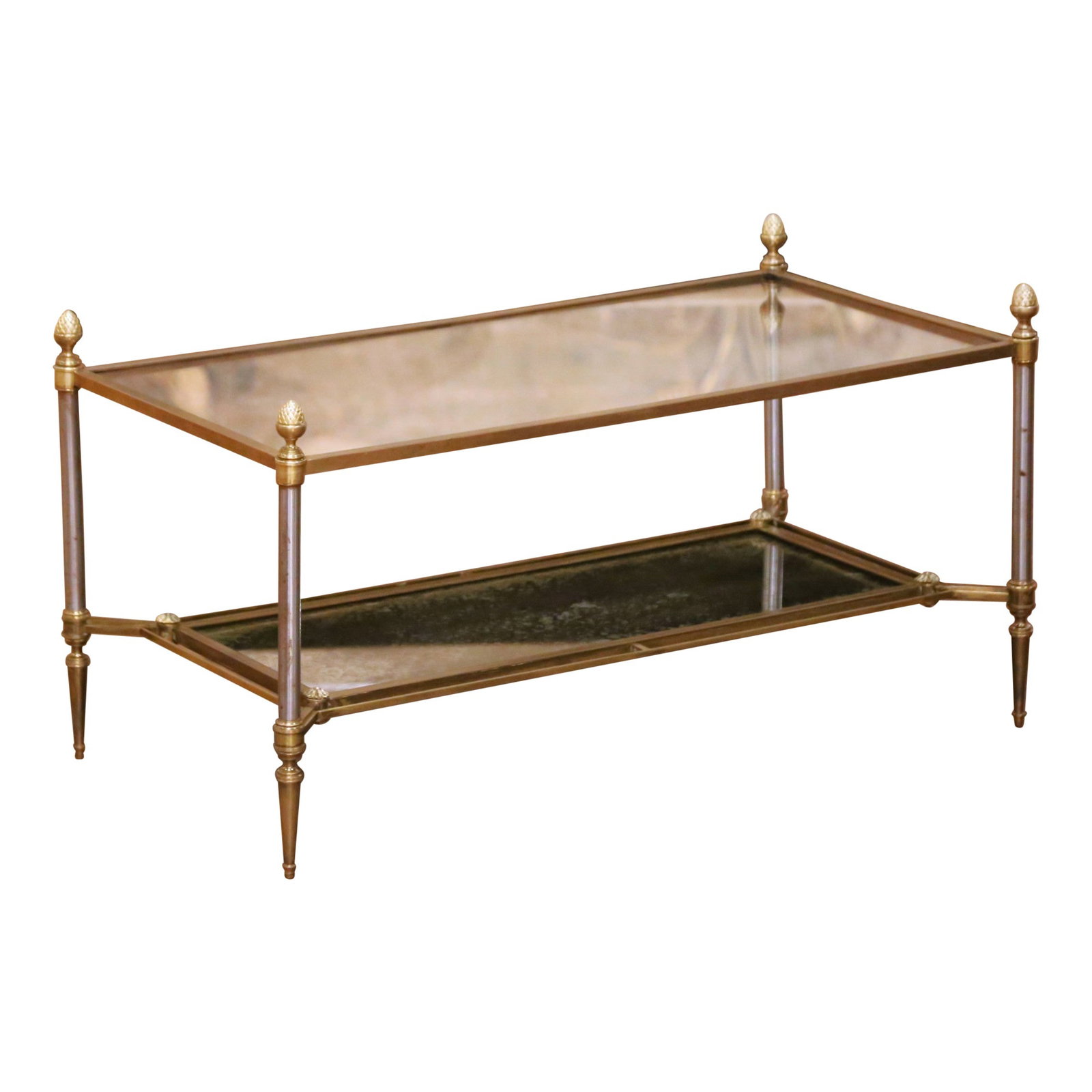 French Directoire Two-Tier Coffee Table With Bronze Steel and Mirrored Shelf (1 of 8)