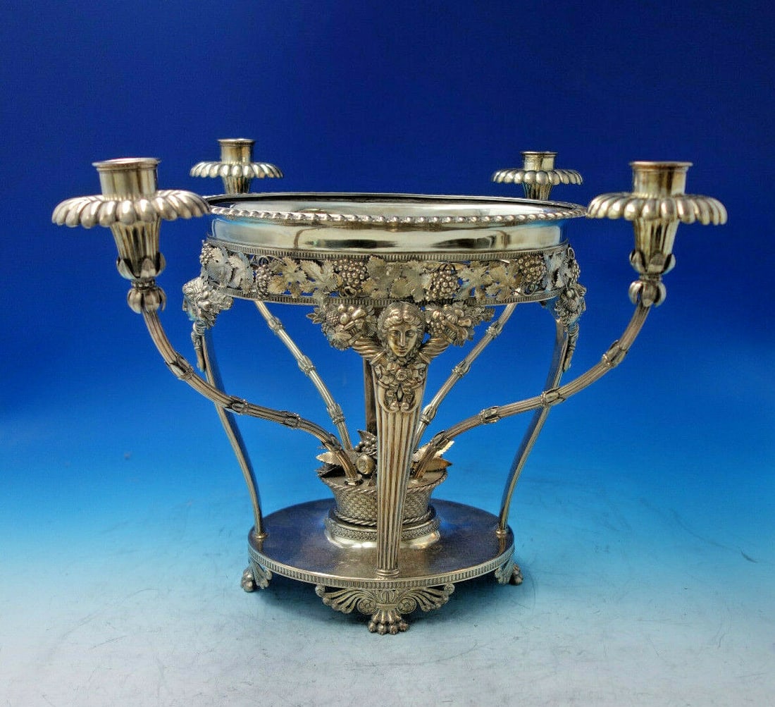 Georgian English Sterling Silver Epergne 1812 Art Nouveau Design: Georgian English Sterling Silver Epergne 1812 Art Nouveau Design This exquisite Georgian English epergne, crafted in sterling silver around 1812-1813 by J.W. Story & W. Elliott, showcases remarkable a