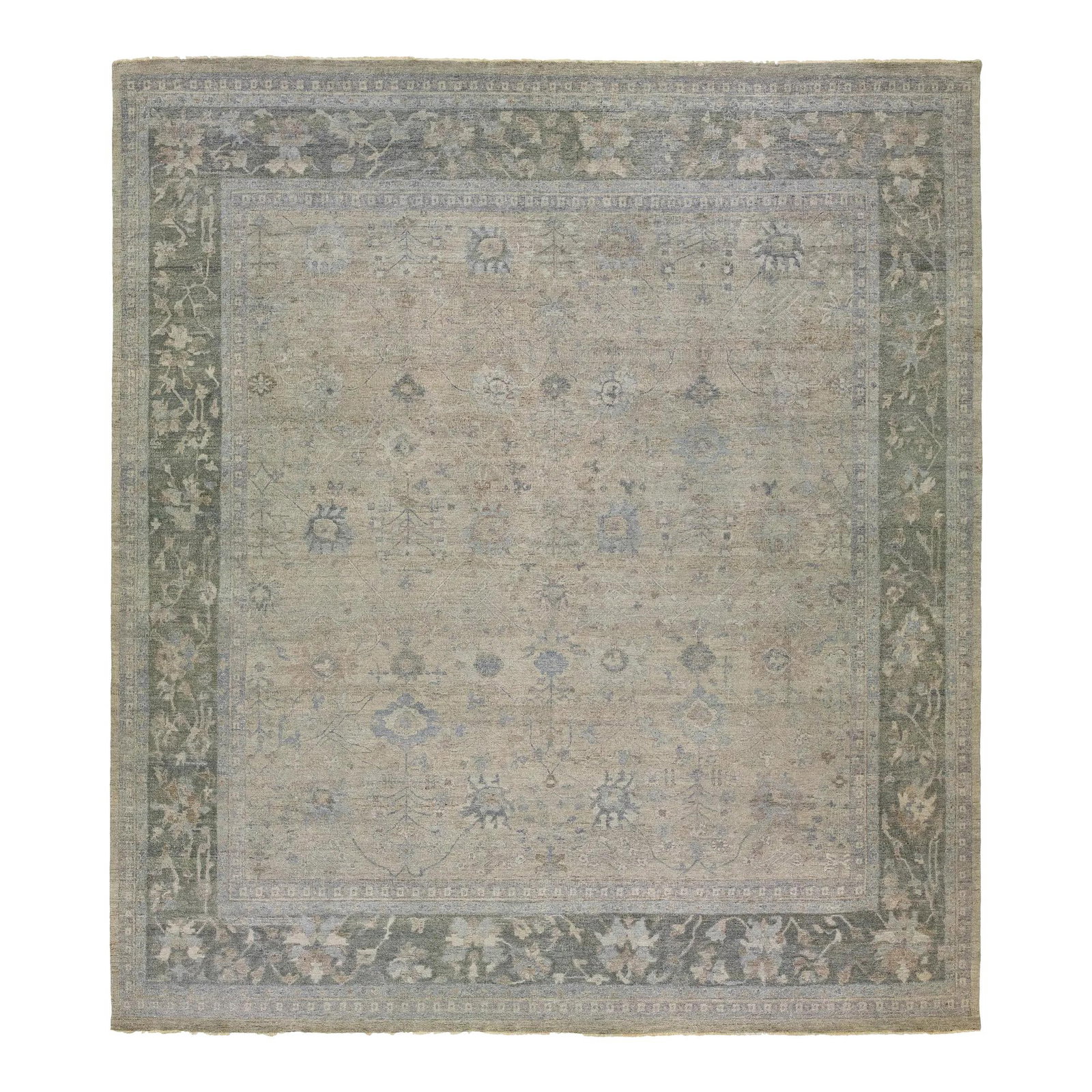 Gray Indian Modern Mahal Square Wool Rug 14'7 x 16'3 Floral Pattern: Gray Indian Modern Mahal Square Wool Rug 14'7 x 16'3 Floral Pattern Elevate your decor with this stunning Gray Indian Modern Mahal Square Wool Rug. Hand-knotted with meticulous craftsmanship, it featu