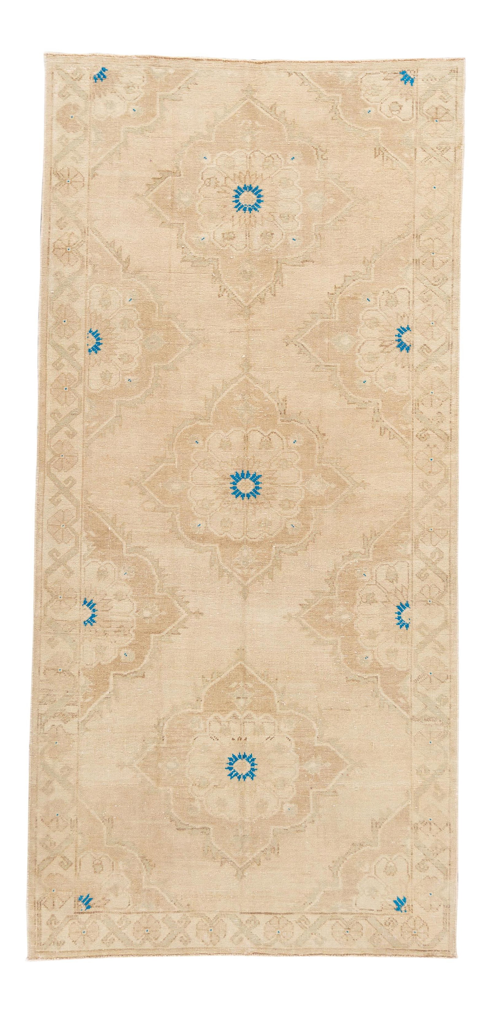 Vintage Turkish Anatolian Rug Hand-Knotted Wool 4'11 x 10'5 Beige: Vintage Turkish Anatolian Rug Hand-Knotted Wool 4'11 x 10'5 Beige This exquisite hand-knotted vintage Turkish Anatolian rug features an intricate all-over design accented with elegant ivory and blue t
