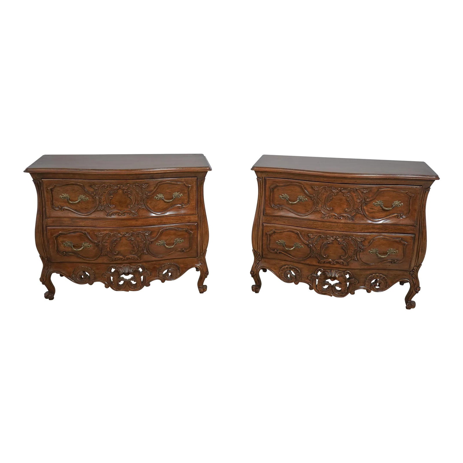 Pair of Italian Carved Walnut Commodes with Bombe Curved Design (1 of 10)