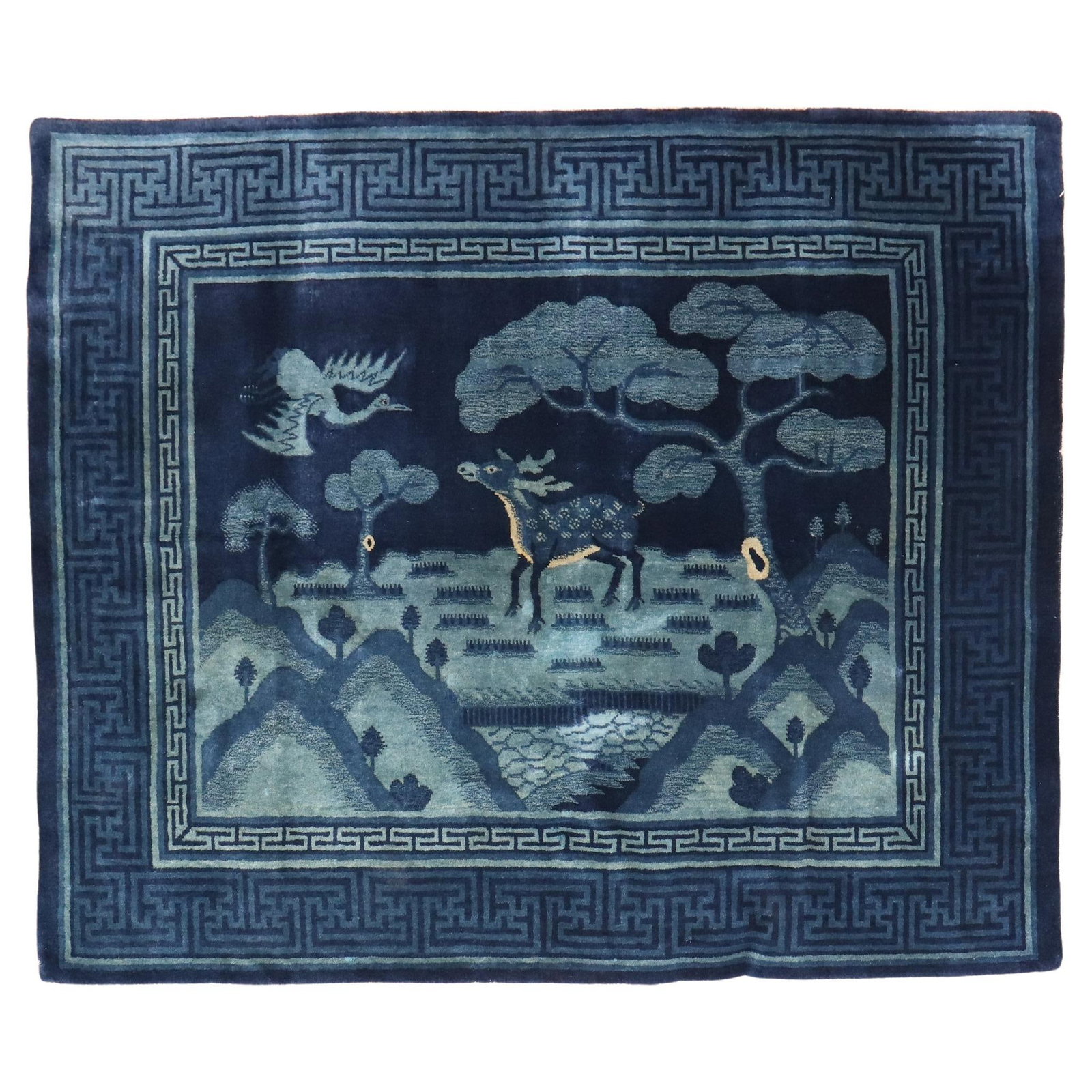 Mid-20th Century Blue Chinese Peking Rug Deer Bird Pictorial 58 x 74: Mid-20th Century Blue Chinese Peking Rug Deer Bird Pictorial 58 x 74 Enhance your space with this exquisite Blue Chinese Deer Bird Pictorial Landscape Rug, a stunning example of mid-20th century craft