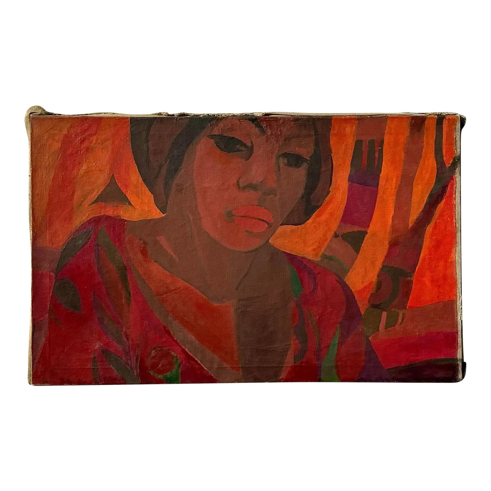 Vintage Boho Figurative Oil Painting on Canvas 22x16 Warm Tones: Vintage Boho Figurative Oil Painting on Canvas 22x16 Warm Tones This captivating late 20th-century vintage oil painting on canvas embodies the spirit of figurative art through its vibrant colors and d