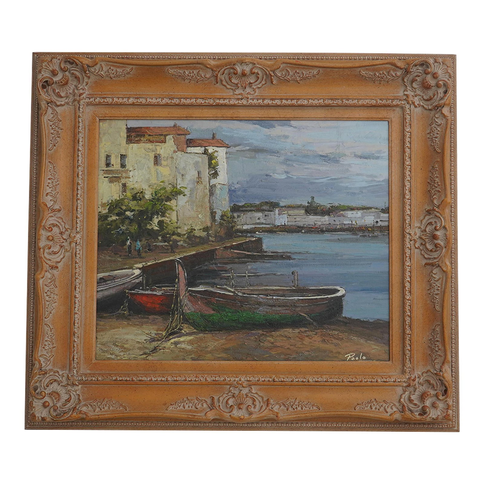 Paolo Signed Mediterranean Boat Scene Oil Painting in Ornate Gold Frame: Paolo Signed Mediterranean Boat Scene Oil Painting in Ornate Gold Frame This exquisite oil painting on canvas features a vibrant Mediterranean boat scene, showcasing boats set against a charming villa