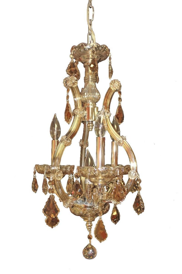 Maria Theresa 4-Light Golden Teak Crystal Chandelier Pendant: Maria Theresa 4-Light Golden Teak Crystal Chandelier Pendant Elevate your space with this stunning Maria Theresa 4-Light Chandelier Pendant, featuring a luxurious Golden Teak finish and exquisite K9 c
