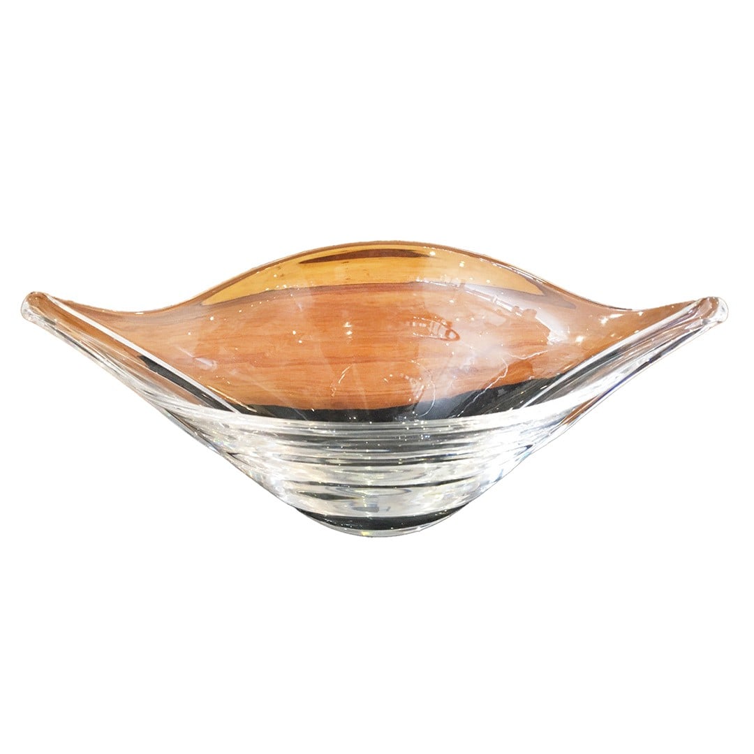 Boat Shaped Glass Art Bowl by Steuben: Boat Shaped Glass Art Bowl by Steuben This Steuben glass bowl features a distinctive stylized boat shape, crafted in the United States. Designed as an art piece, it showcases the renowned quality and