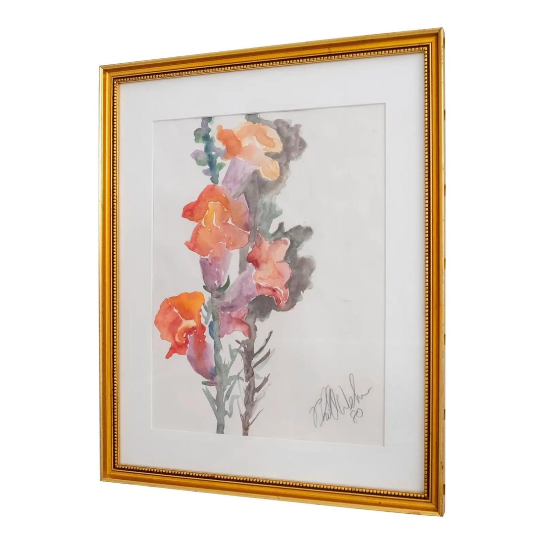 Vintage Abstract Watercolor Painting Snapdragons Signed 1980 Gold Frame: Vintage Abstract Watercolor Painting Snapdragons Signed 1980 Gold Frame This striking watercolor painting features an abstract representation of snapdragons, brought to life with bold colors and skill