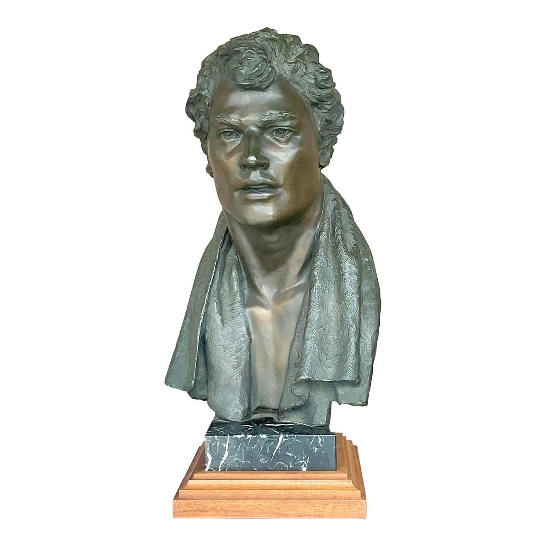 Vintage Glenda Goodacre Attributed Bronze Bust of Man 22 in: Vintage Glenda Goodacre Attributed Bronze Bust of Man 22 in This vintage Boho bronze bust features a striking profile of a handsome young man, attributed to the artist Glenda Goodacre. The piece showc