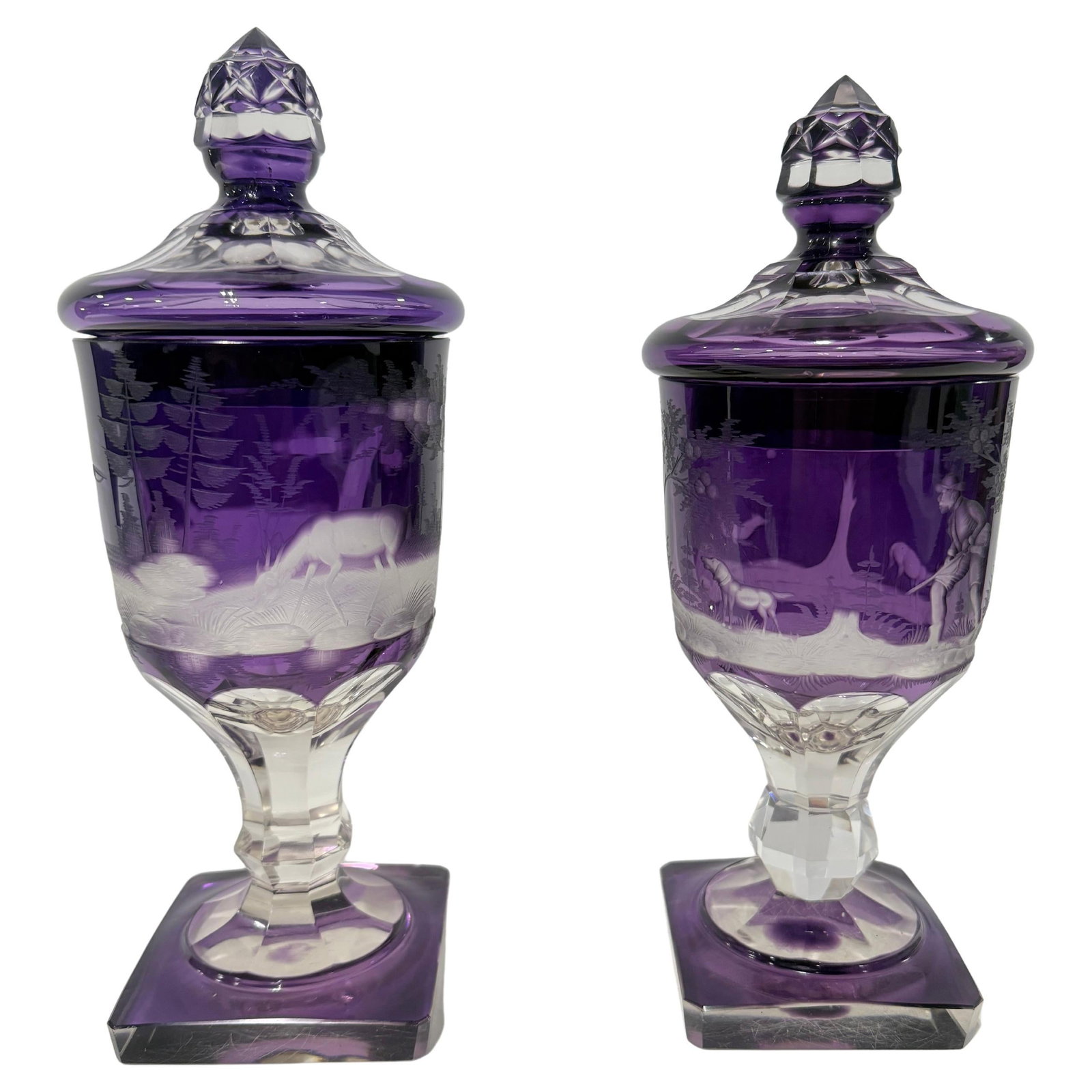 Set of Two Bohemian Amethyst Glass Urns with Hunting Scene Engraving Late 19th Century (1 of 11)
