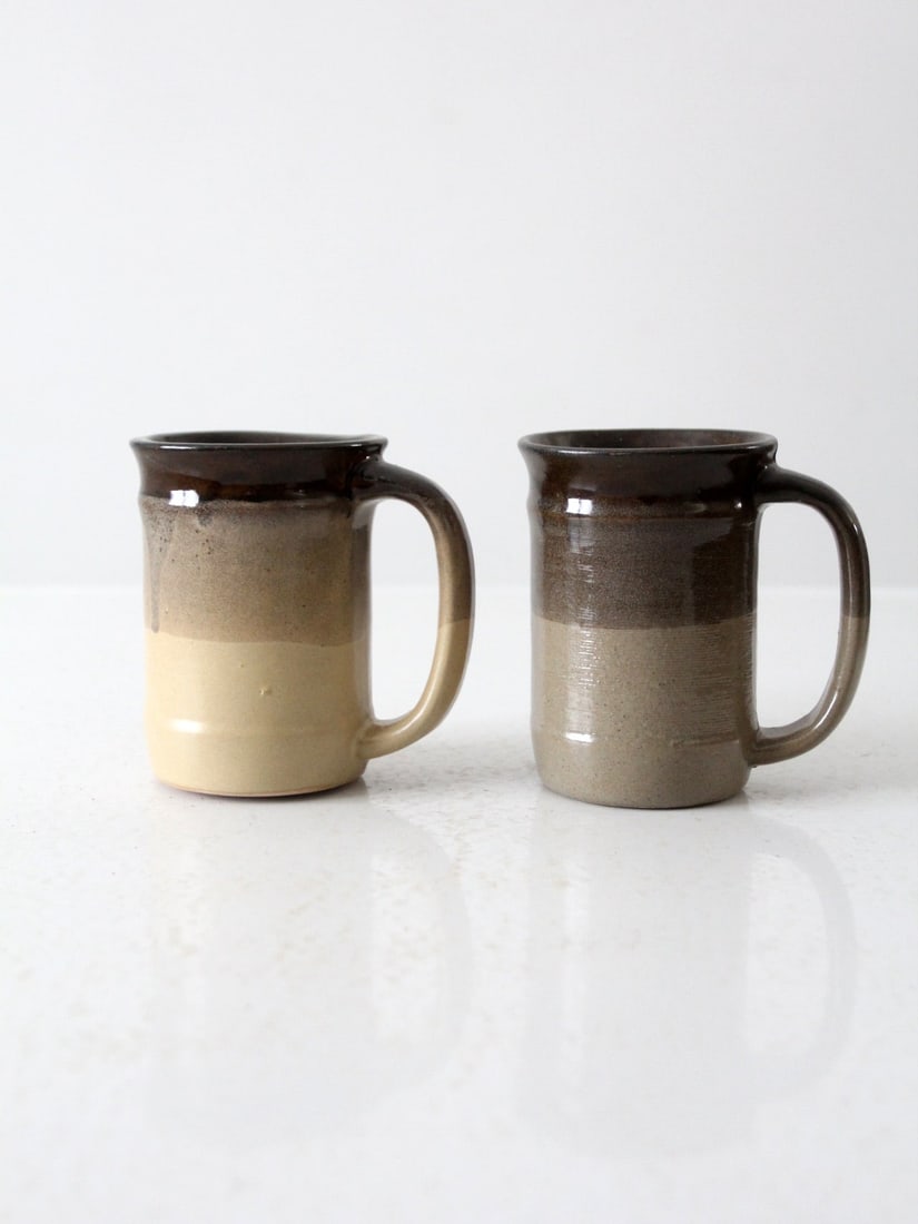 Handcrafted Vintage Studio Pottery Mugs Set of 2 Tri-Tone Glaze (1 of 9)