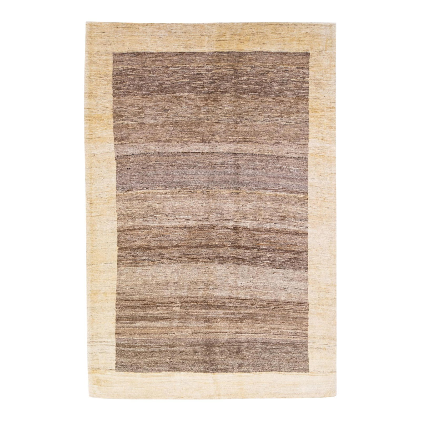 Handmade Modern Gabbeh Wool Rug Brown Beige Accents 5'8 x 8'6: Handmade Modern Gabbeh Wool Rug Brown Beige Accents 5'8 x 8'6 Enhance your space with this beautiful modern Gabbeh-style hand-woven wool rug featuring a rich brown color field complemented by beige ac