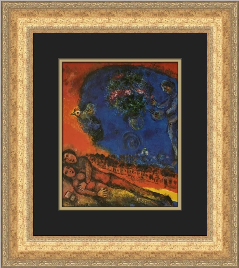 Marc Chagall Couple on Red Background Custom Framed Art Print 1984 (1 of 2)