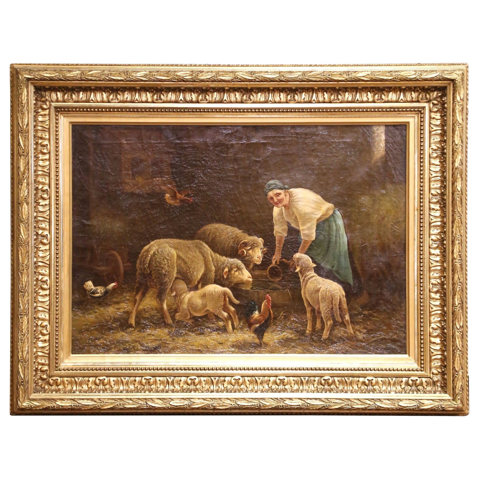 19th Century French Pastoral Oil Painting by Charles Helygouet in Giltwood Frame: 19th Century French Pastoral Oil Painting by Charles Helygouet in Giltwood Frame This exquisite 19th-century oil on canvas painting, created by French artist Charles Helygouet around 1870, depicts a v