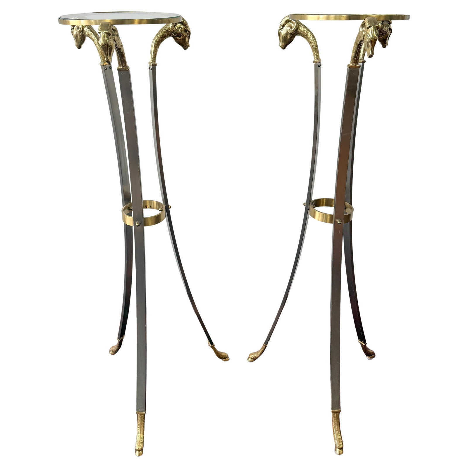 Set of Two Italian Brass Glass Pedestal Tables in Jansen Style with Ram Heads (1 of 9)
