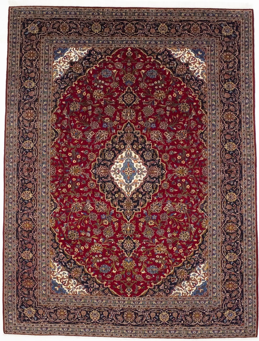 Handmade Vintage Wool Oriental Rug 10x13 Floral Design Red Cream 1980s (1 of 17)