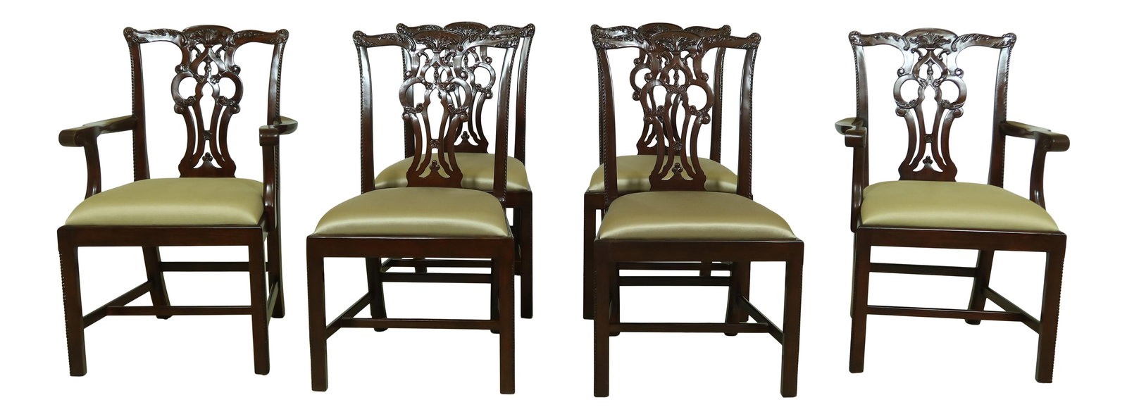 Set of 6 Maitland Smith Mahogany Chippendale Arm Chairs: Set of 6 Maitland Smith Mahogany Chippendale Arm Chairs This exquisite set of 6 dining chairs showcases the timeless elegance of Chippendale design, featuring fine carved details reminiscent of 18th-c