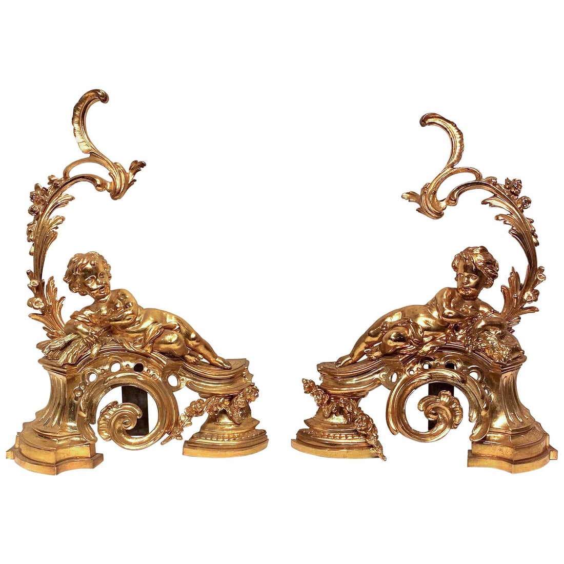 Pair of French Ormolu Bronze Andirons with Cherub Figures Louis XV Style (1 of 15)