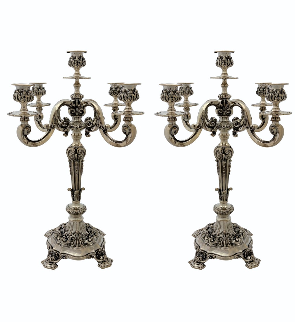 Pair Portuguese 800 Silver Five-Light Ornate Leaf Candelabra (1 of 4)