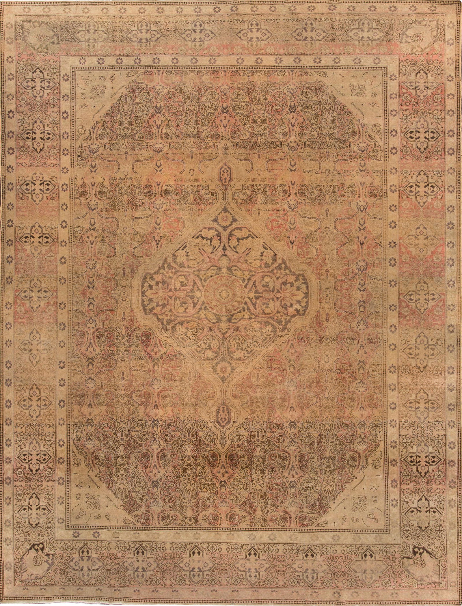 Antique Tabriz Handmade Wool Rug 9'1 x 11'11 Tan Medallion Design: Antique Tabriz Handmade Wool Rug 9'1 x 11'11 Tan Medallion Design This exquisite antique Tabriz rug features a hand-knotted construction with a beautiful tan field. The design showcases a rusted frame