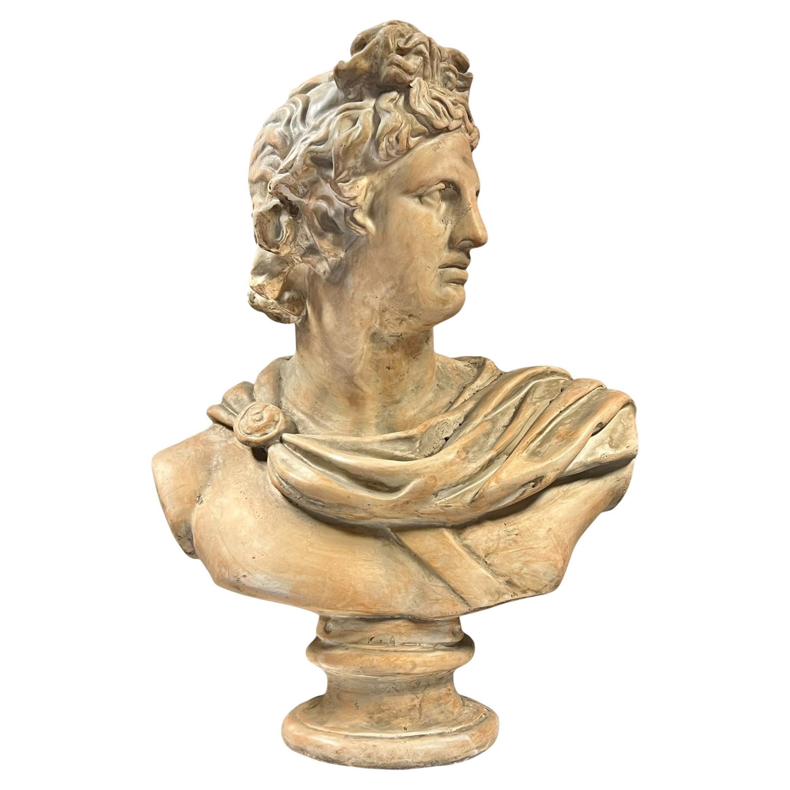 Fiberglass Hand-Painted Apollo Bust with Marble Patina 31.5 Inch Tall: Fiberglass Hand-Painted Apollo Bust with Marble Patina 31.5 Inch Tall This is a very large bust of the Greek god Apollo, cast in fiberglass and hand-painted with an ancient marble patina. Created in t
