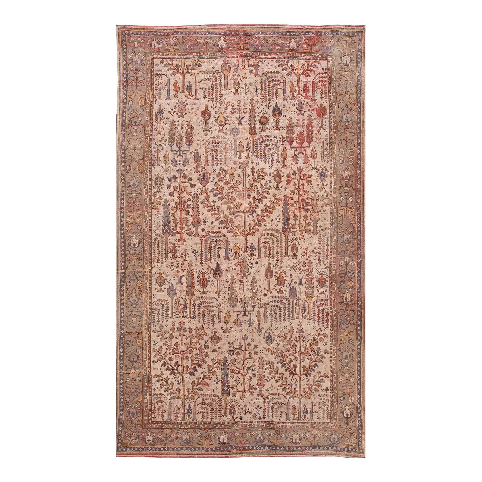 Antique Turkish Oushak Oversize Wool Rug 11' x 19'3' Beige Floral Pattern: Antique Turkish Oushak Oversize Wool Rug 11' x 19'3' Beige Floral Pattern This exquisite Antique Turkish Oushak rug is handcrafted from high-quality wool, featuring a soft beige field adorned with a b