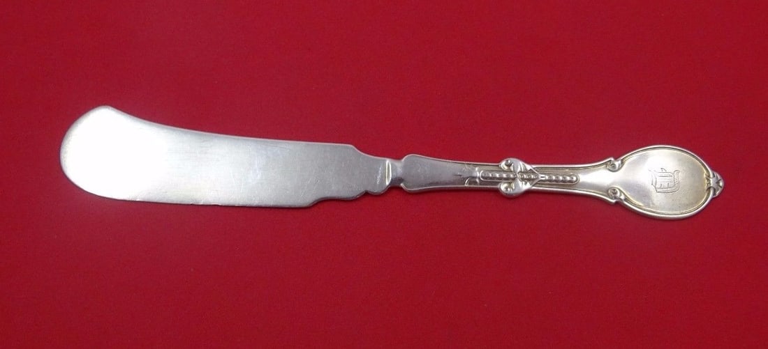 Francis A. Bunnell 7 Inch Coin Silver Master Butter Knife Monogrammed: Francis A. Bunnell 7 Inch Coin Silver Master Butter Knife Monogrammed This exquisite Master Butter knife, crafted by Francis A. Bunnell between 1866 and 1874, features a flat handle design and is made