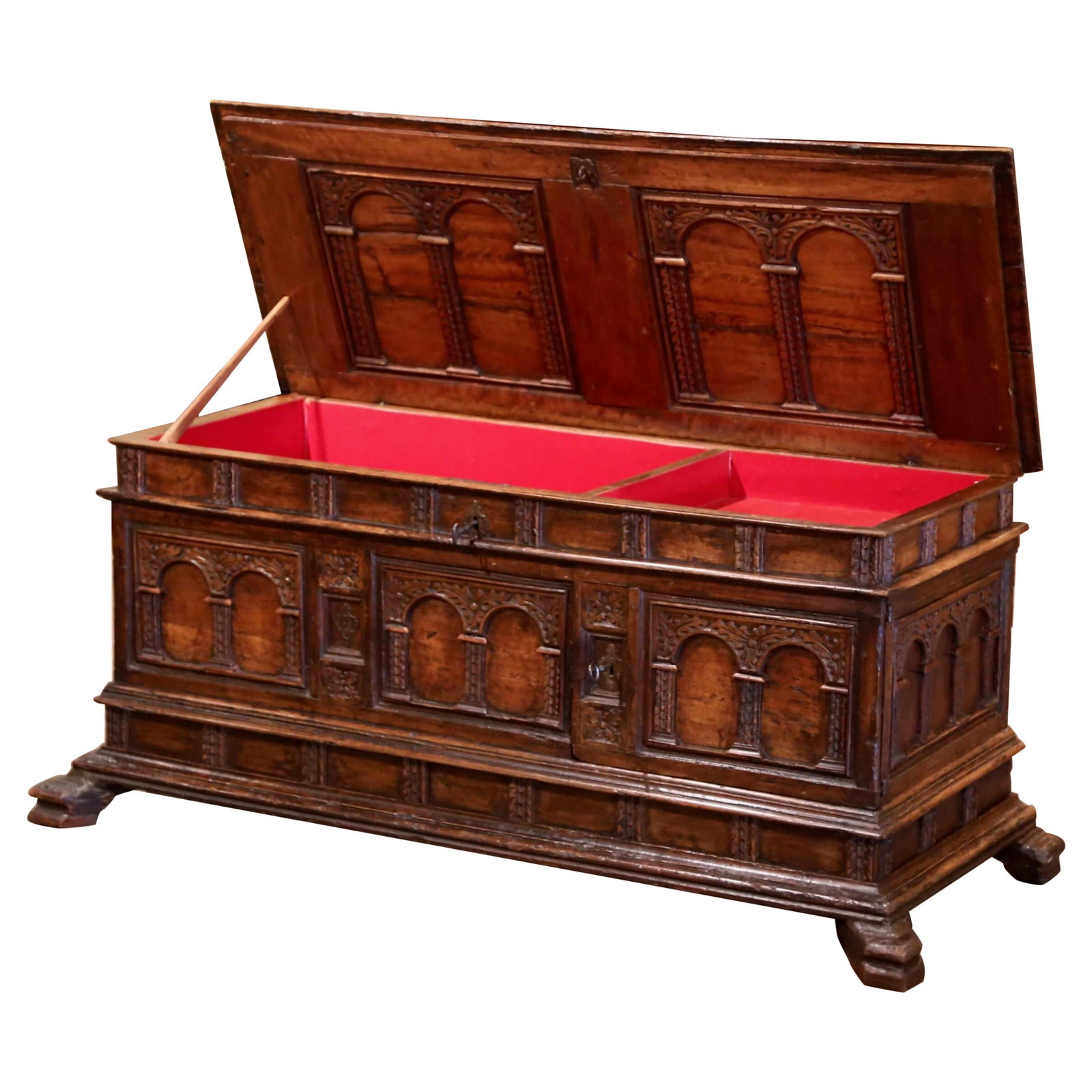 Italian Gothic Walnut Cassone Trunk Circa 1680 With Secret Drawers and Carved Panels: Italian Gothic Walnut Cassone Trunk Circa 1680 With Secret Drawers and Carved Panels This late 17th-century Italian walnut cassone exemplifies Gothic style and fine craftsmanship. The rectangular coff