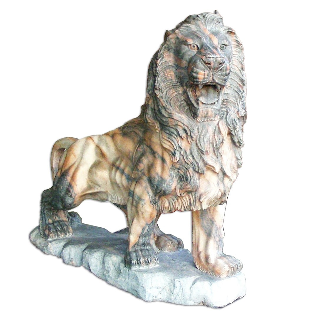 Giant Hand Carved Lion Statues in Pink Grey Marble Pair: Giant Hand Carved Lion Statues in Pink Grey Marble Pair This stunning pair of hand-carved lion statues showcases exquisite craftsmanship using genuine Chinese pink and grey marble. With a striking rea
