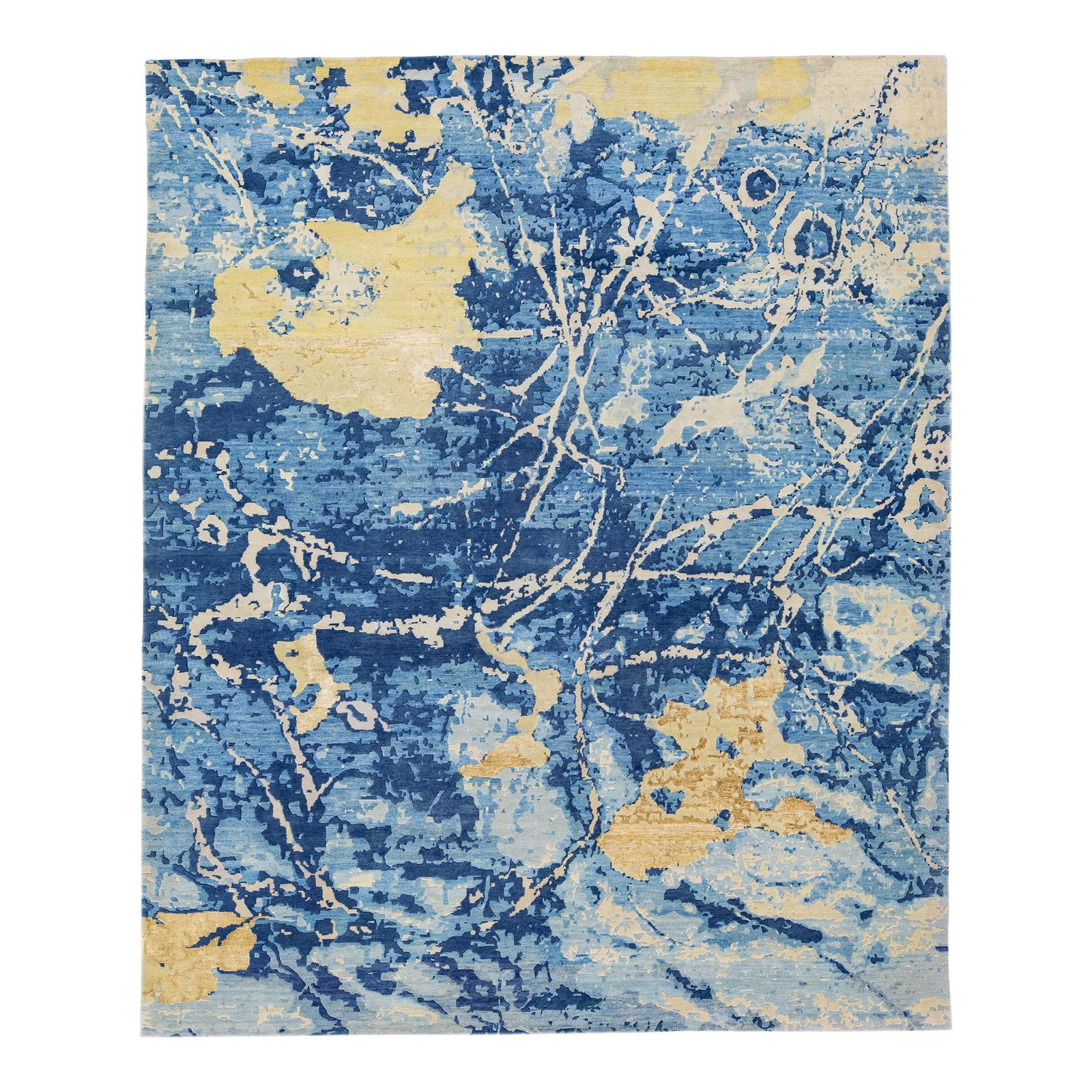 Handmade Indian Wool Silk Rug Abstract Blue Yellow 8'4 x 10'1: Handmade Indian Wool Silk Rug Abstract Blue Yellow 8'4 x 10'1 Enhance your living space with this exquisite handmade rug, crafted from a luxurious blend of wool and silk. Featuring a striking navy blu
