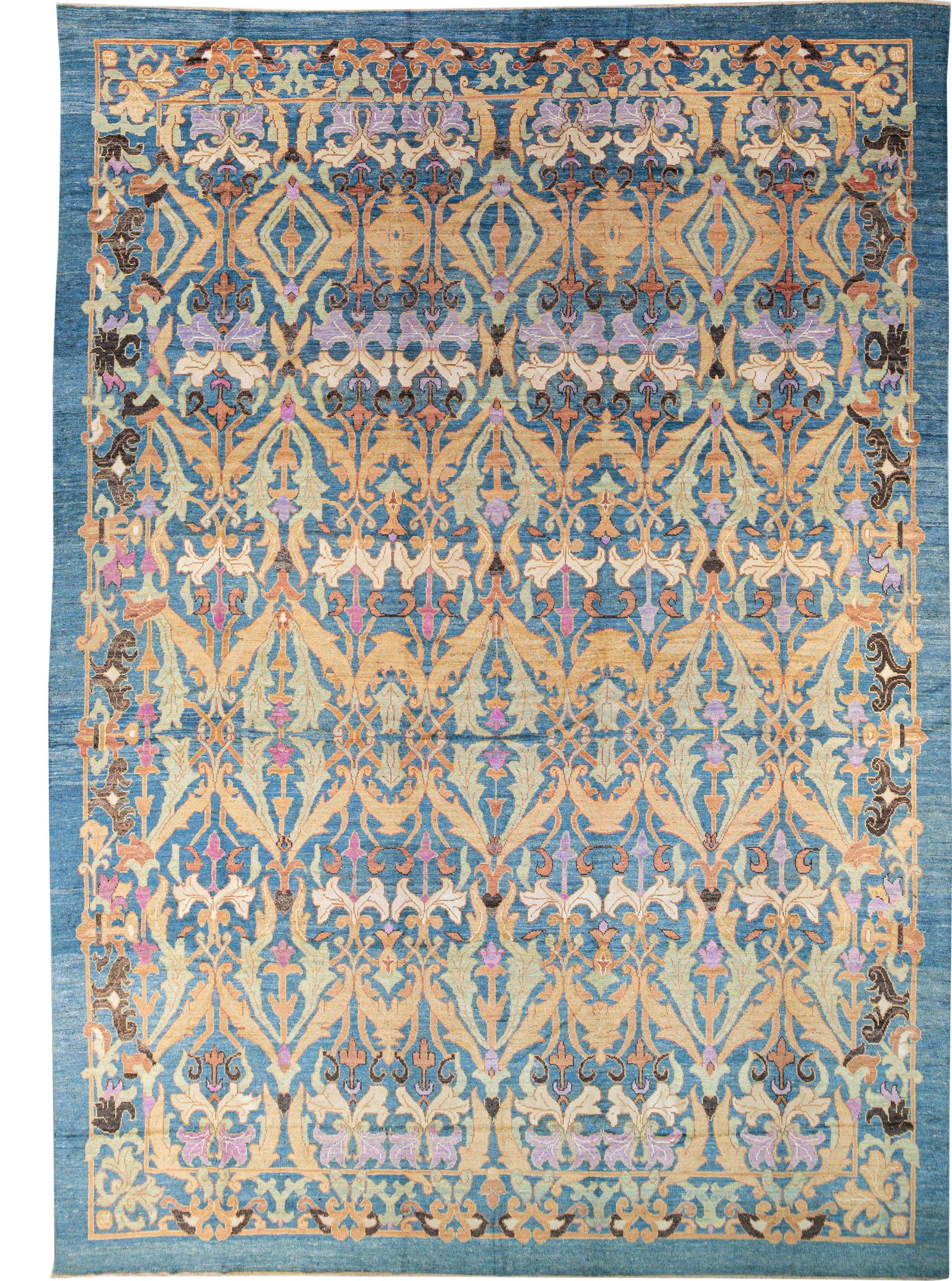 Oversized Modern Oushak Hand-Knotted Wool Rug 13'9 x 19'5 Floral Blue: Oversized Modern Oushak Hand-Knotted Wool Rug 13'9 x 19'5 Floral Blue This stunning oversized modern Oushak rug features a hand-knotted wool construction with a vibrant blue field, complemented by a b