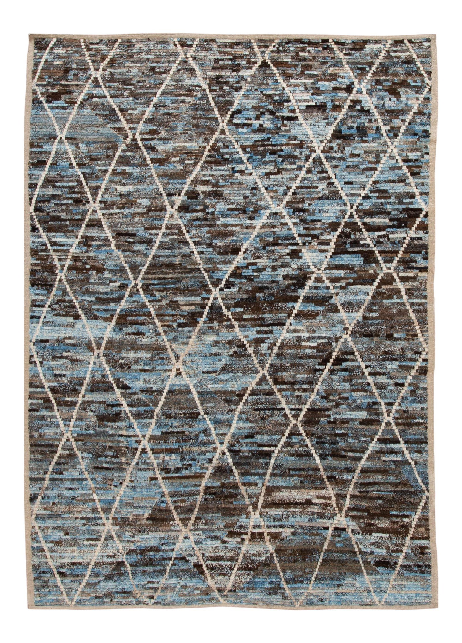 Modern Moroccan Wool Rug 6'10 x 9'5 Abstract Geometric Design: Modern Moroccan Wool Rug 6'10 x 9'5 Abstract Geometric Design Elevate your living space with this stunning Moroccan-style hand-knotted wool rug, featuring a captivating brown and blue field. Accented 