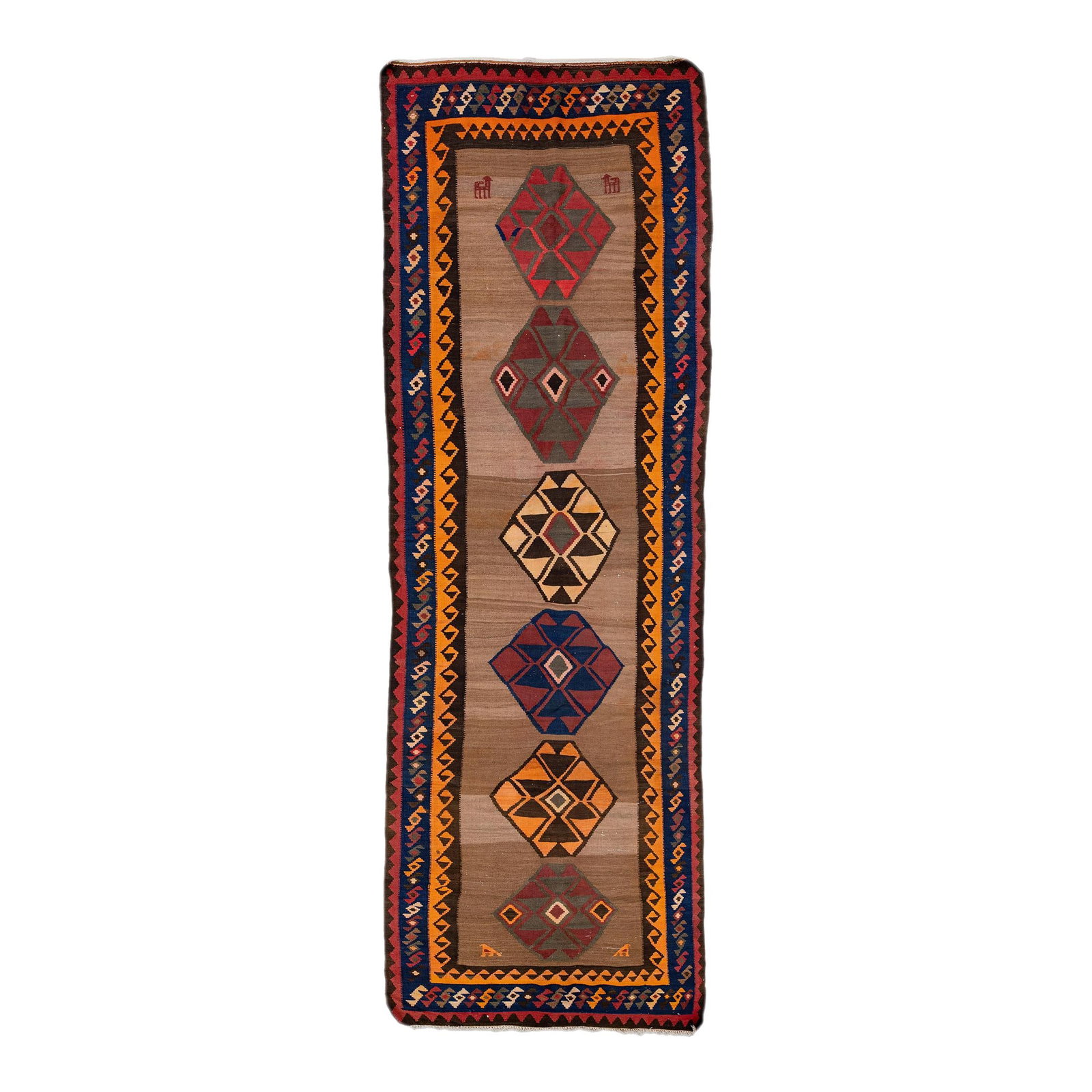 Vintage Turkish Kilim Wool Runner Brown Tribal Design 4'8 x 14'3: Vintage Turkish Kilim Wool Runner Brown Tribal Design 4'8 x 14'3 Enhance your space with this stunning vintage Turkish Kilim hand-knotted wool runner. The rich brown field is beautifully contrasted by