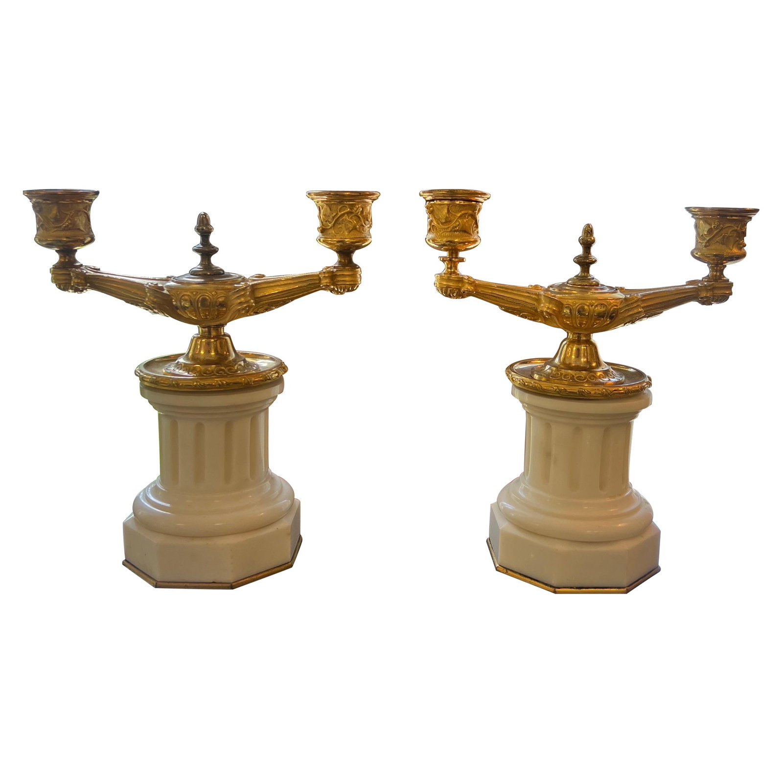 19th Century Italian Grand Tour Gilt Bronze Marble Candelabras Set of 2: 19th Century Italian Grand Tour Gilt Bronze Marble Candelabras Set of 2 This exquisite pair of 19th-century Grand Tour candelabras showcases a stunning neoclassical design, crafted from gilt bronze an
