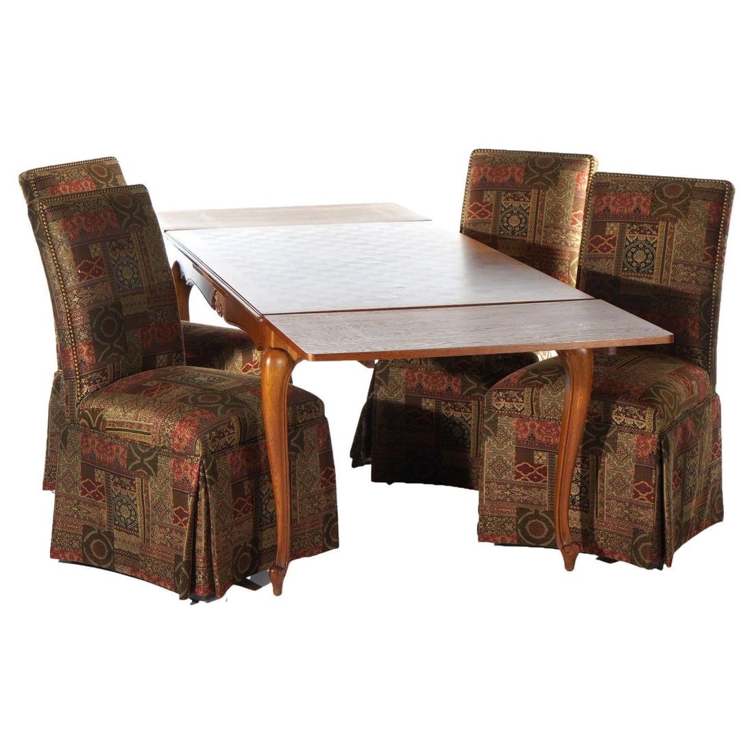 French Louis XV Oak Dining Table with 4 Upholstered Chairs Set (1 of 18)