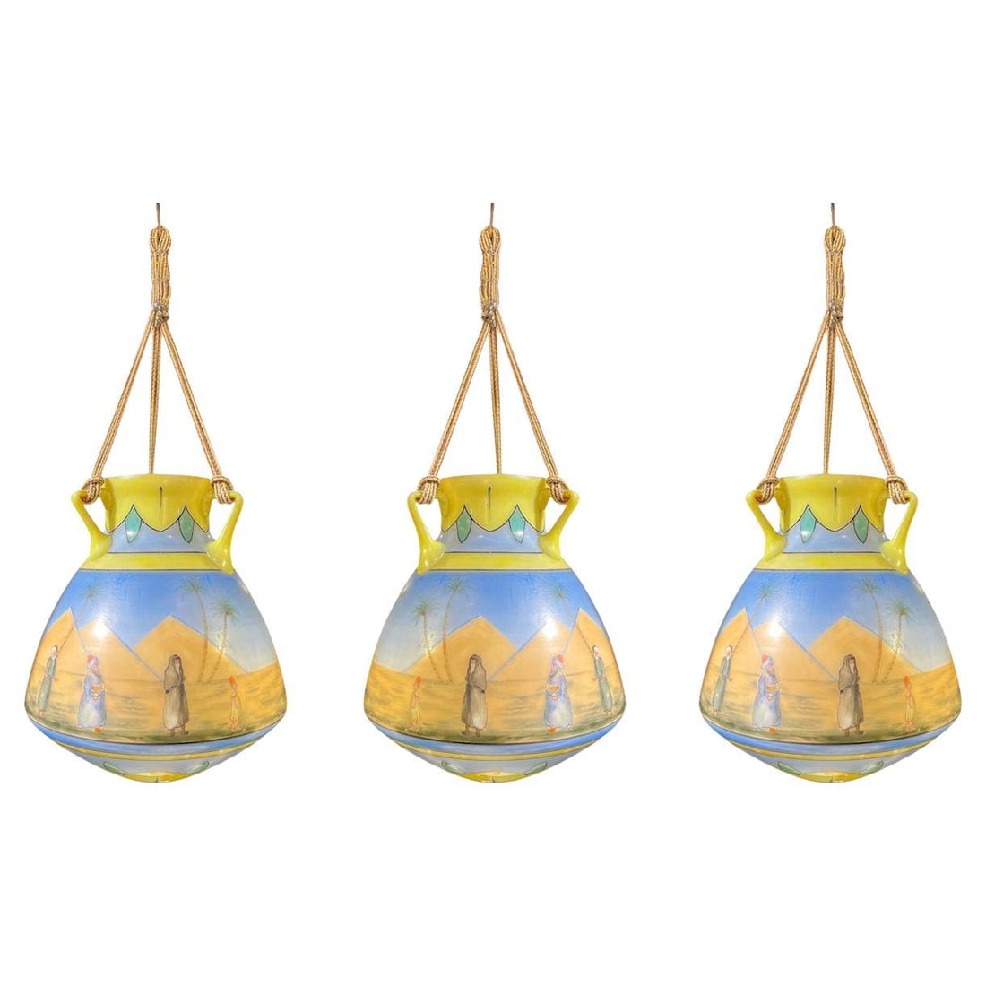Trio of Hand-Painted Art Glass Mosque Lamps with Egyptian Motifs (1 of 11)