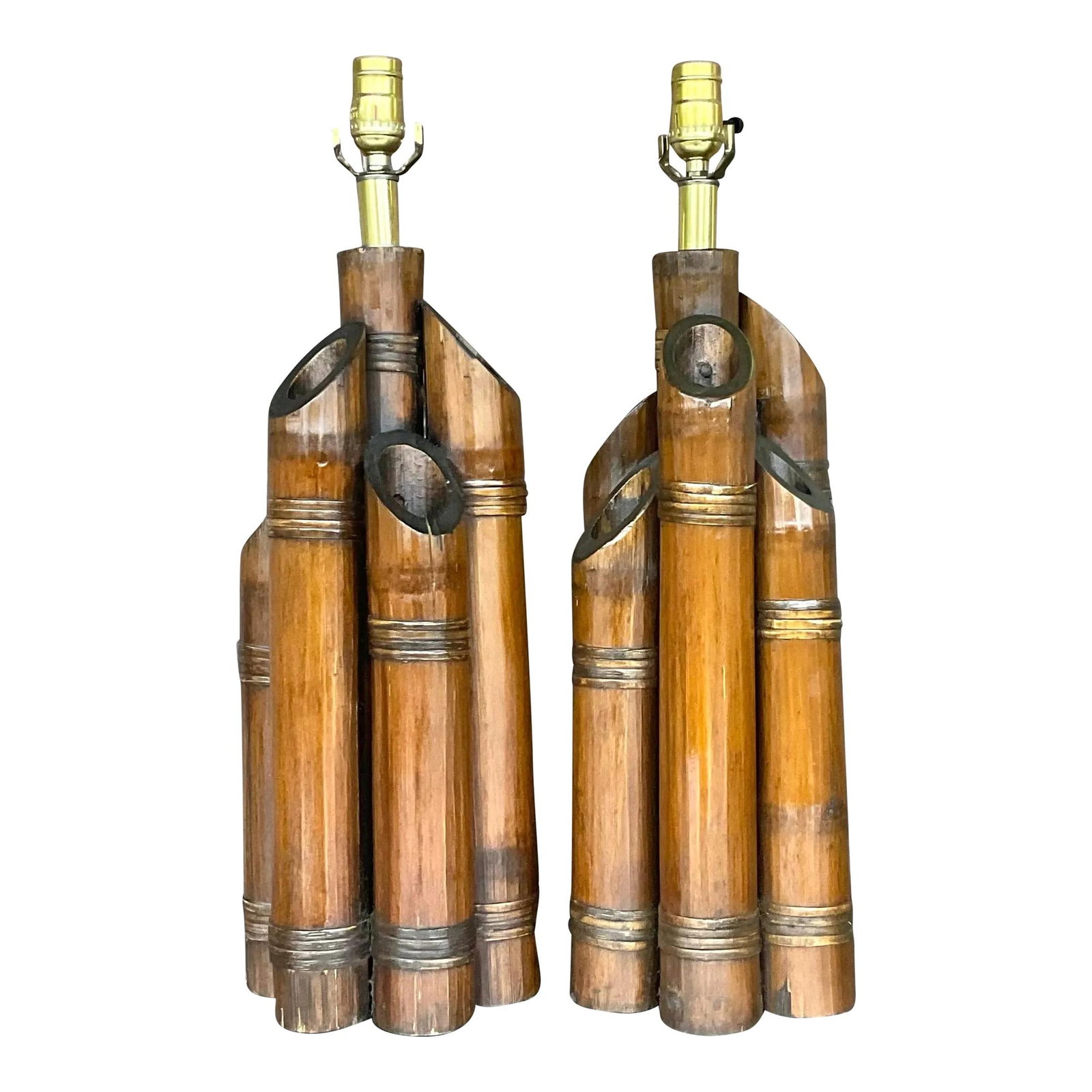 Pair of Coffee Bamboo Table Lamps with Bundled Rattan Detailing (1 of 6)