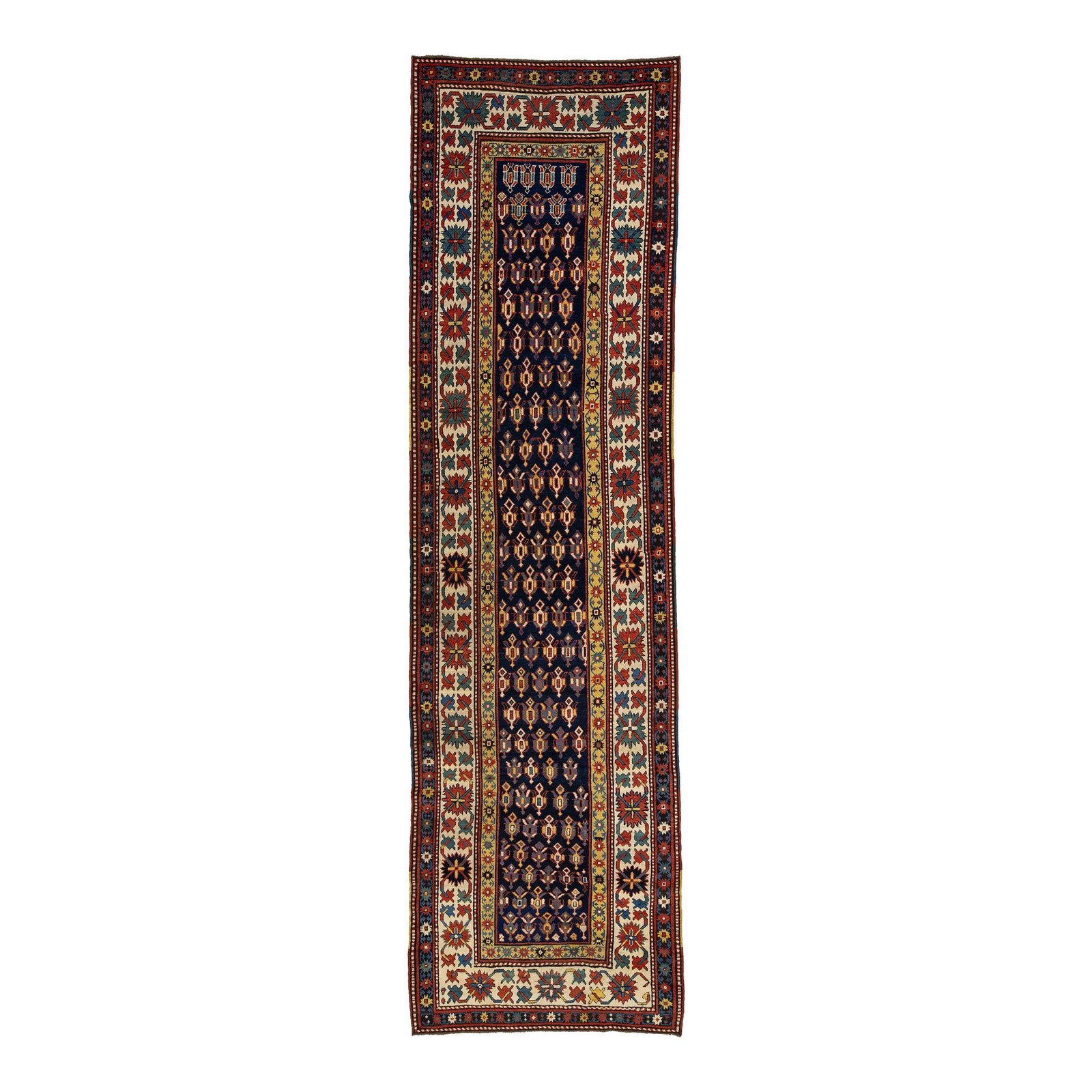 Handcrafted Kazak Wool Runner Rug Blue Multicolor Design 3'10 x 13'7: Handcrafted Kazak Wool Runner Rug Blue Multicolor Design 3'10 x 13'7 Enhance your space with this exquisite handcrafted Kazak wool runner, featuring a vibrant blue base accented by intricate red, yell