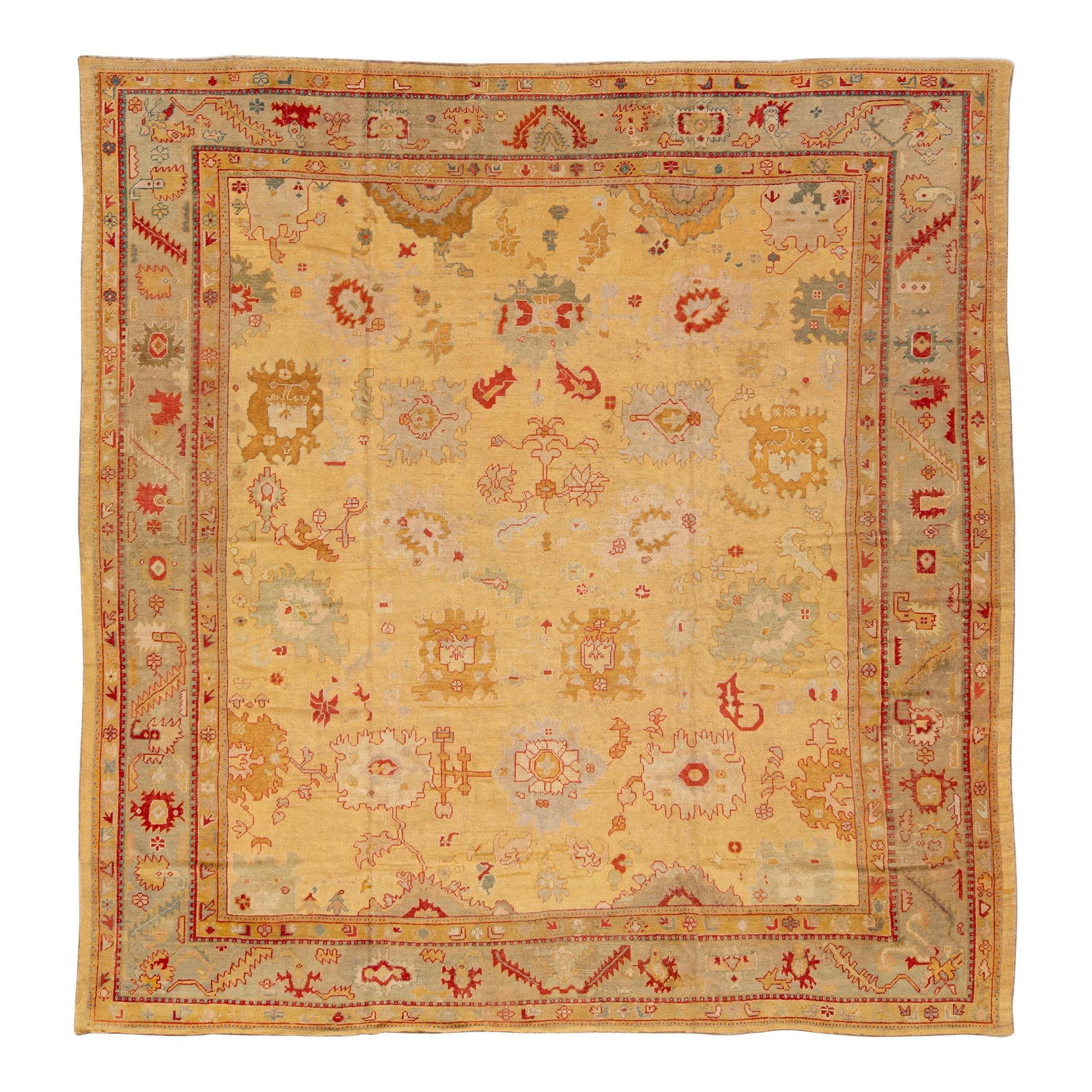 Antique Turkish Oushak Handmade Wool Rug Goldenrod 15' x 15'7: Antique Turkish Oushak Handmade Wool Rug Goldenrod 15' x 15'7 Discover this stunning Antique Square Oushak hand-knotted wool rug, featuring a radiant goldenrod field complemented by a blue frame. The