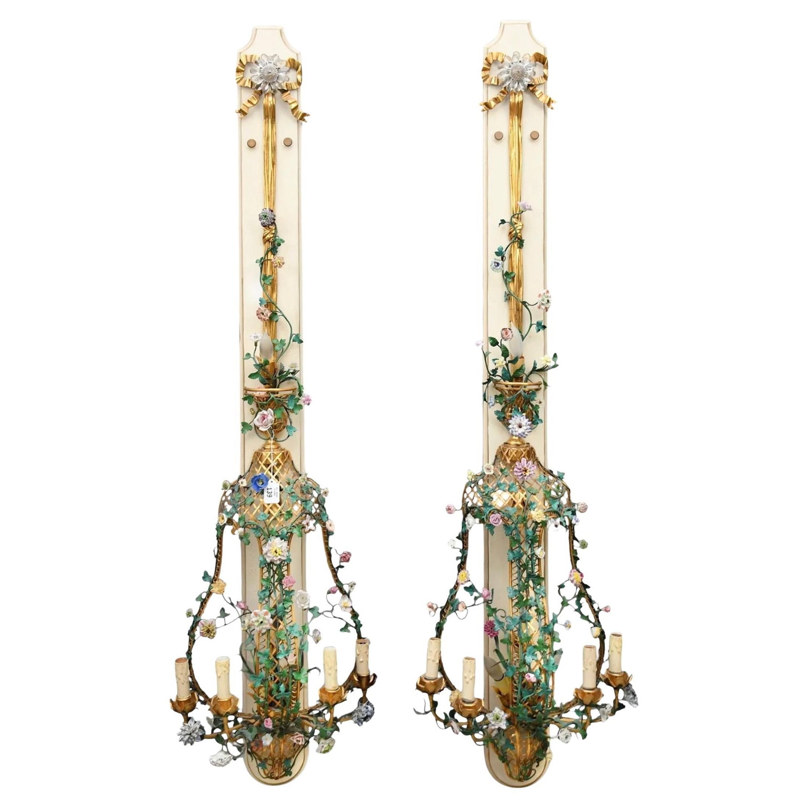 Set of 4 Large French Louis XVI Floral Porcelain and Metal Wall Sconces: Set of 4 Large French Louis XVI Floral Porcelain and Metal Wall Sconces This set of four monumental French Louis XVI style wall sconces features elaborate craftsmanship and striking design. Each sconc
