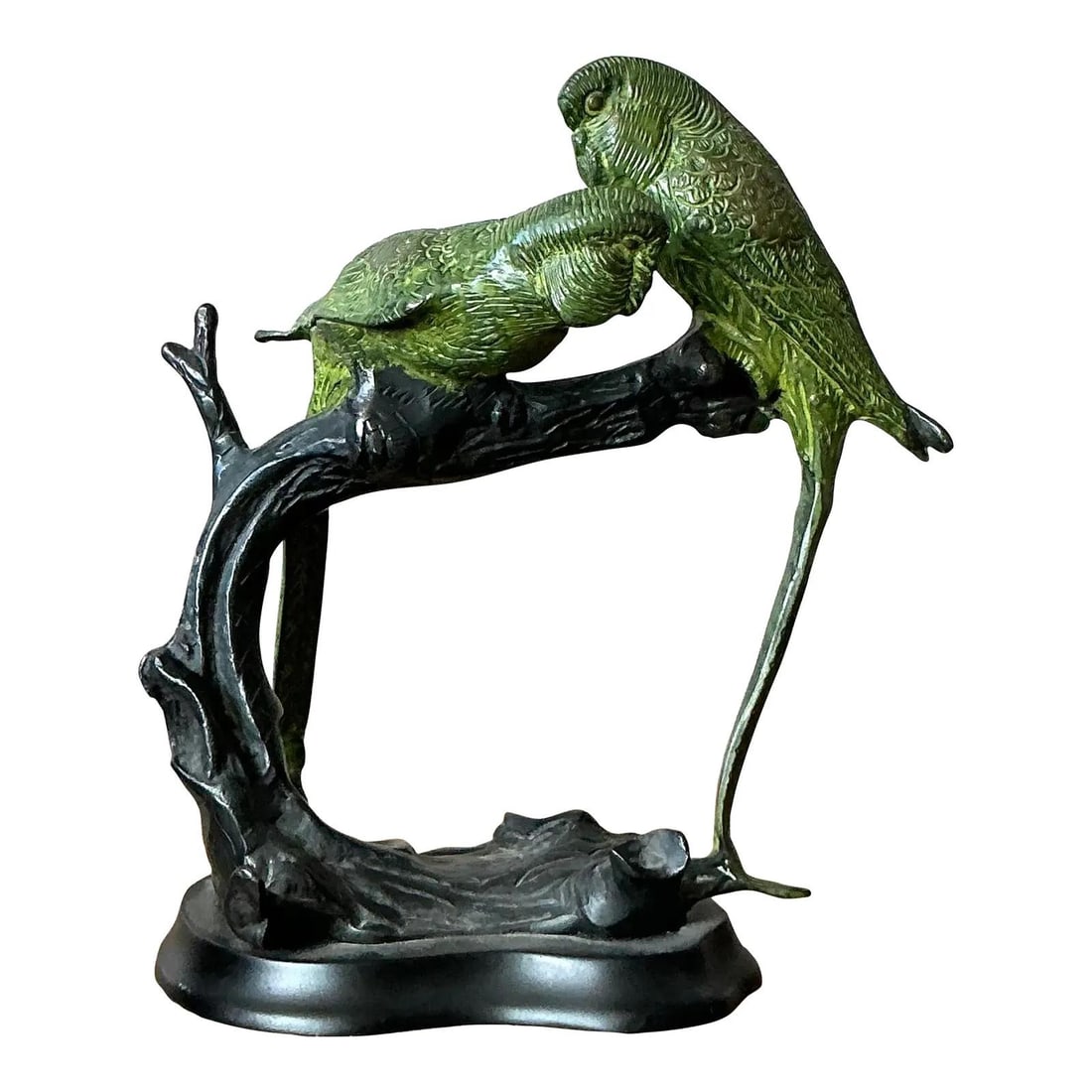 Bronze Sculpture Pair of Parakeets on Branch with Verdigris Patina: Bronze Sculpture Pair of Parakeets on Branch with Verdigris Patina This vintage bronze sculpture features two parakeets perched on a gnarled branch, capturing a tranquil aviary scene with naturalist a