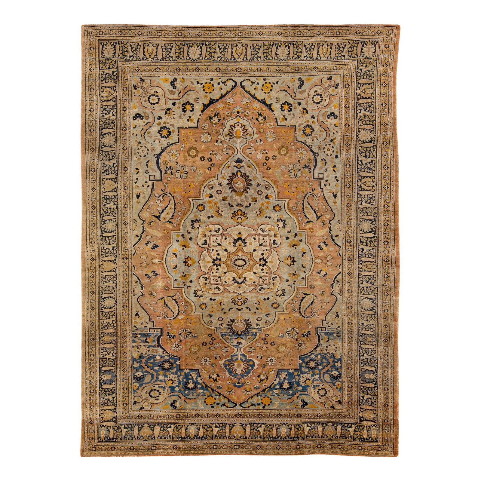 Antique Persian Tabriz Hand-Knotted Wool Rug 9'6 x 13'2 Blue Beige Medallion: Antique Persian Tabriz Hand-Knotted Wool Rug 9'6 x 13'2 Blue Beige Medallion This exquisite antique Persian Tabriz rug features a hand-knotted wool construction in a stunning light blue and peach fiel