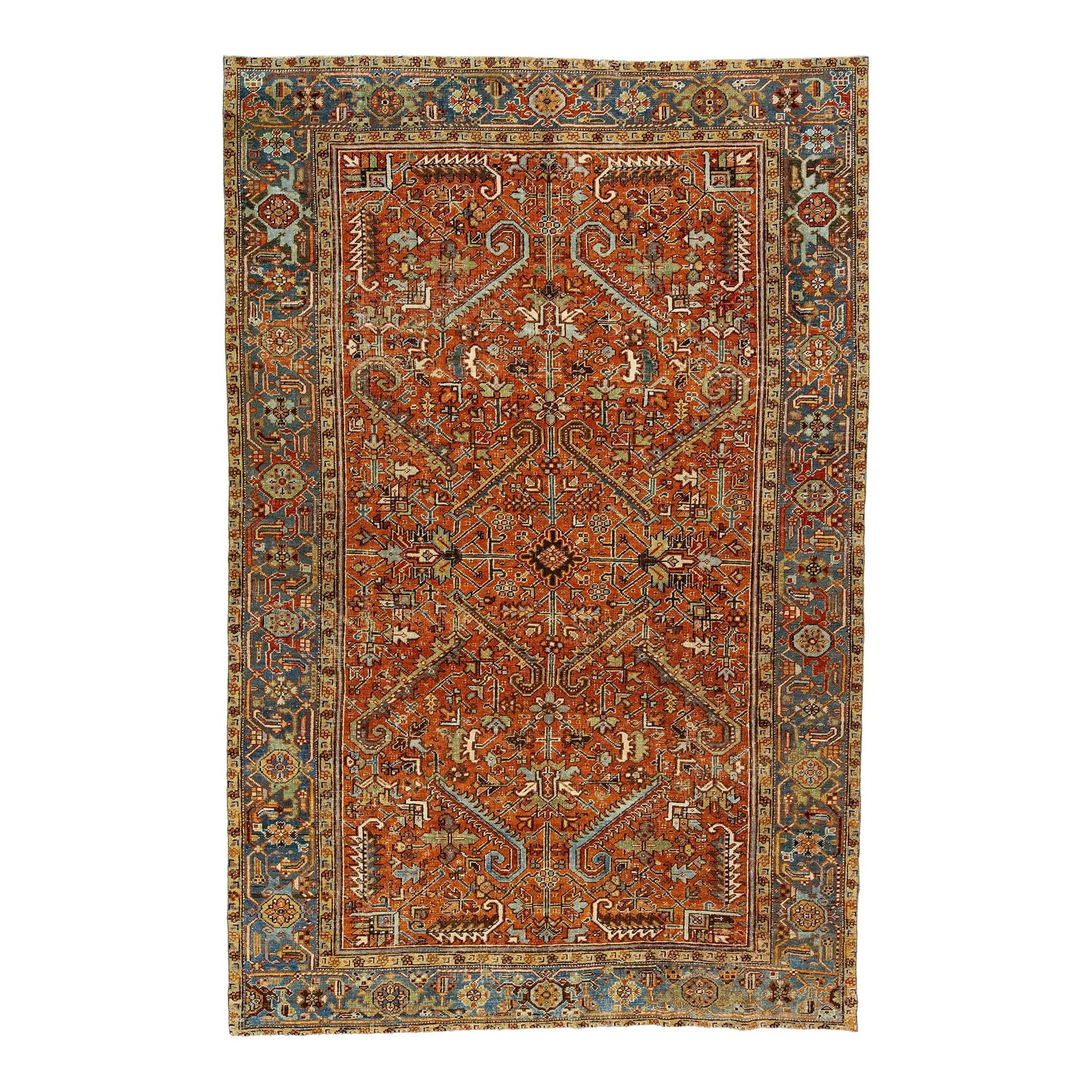 1910s Antique Persian Heriz Wool Rug Orange-Rust Floral Design 6'7 x 9'10: 1910s Antique Persian Heriz Wool Rug Orange-Rust Floral Design 6'7 x 9'10 This exquisite antique Persian Heriz rug showcases a stunning all-over geometric floral pattern, expertly crafted from hand-kn