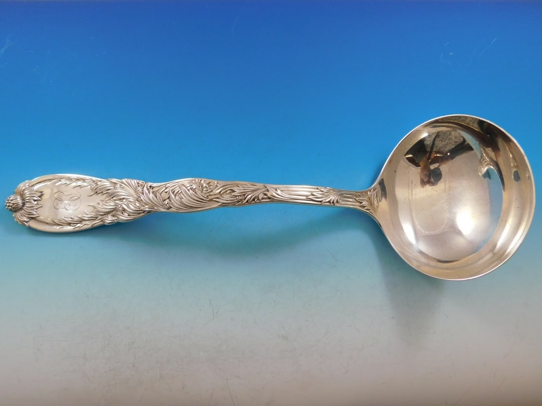 Sterling Silver Soup Ladle 11 Inch Chrysanthemum Pattern Round Bowl (1 of 9)