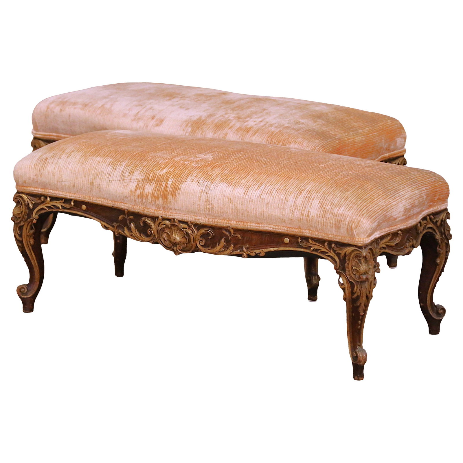Set of Two Antique French Walnut Benches with Painted Gilt Accents: Set of Two Antique French Walnut Benches with Painted Gilt Accents This pair of mid-19th century French Louis XV benches is expertly hand-carved from solid walnut, featuring a painted finish with hand