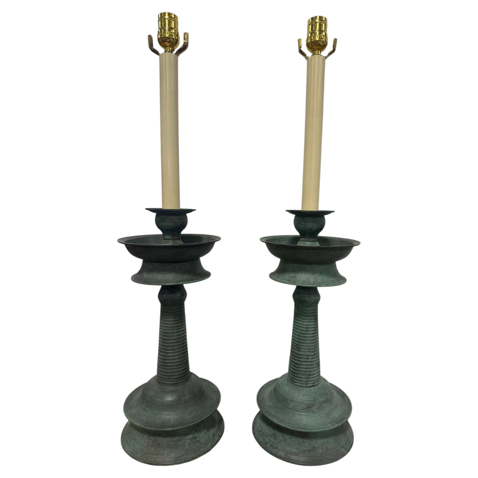 Set of 2 Greco Roman Patinated Bronze Candlestick Table Lamps c 1890 (1 of 8)