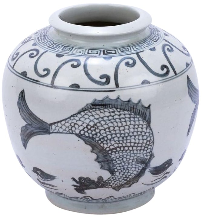 Yuan Handmade Porcelain Fish Display Jar 15H Blue Finish (1 of 2)