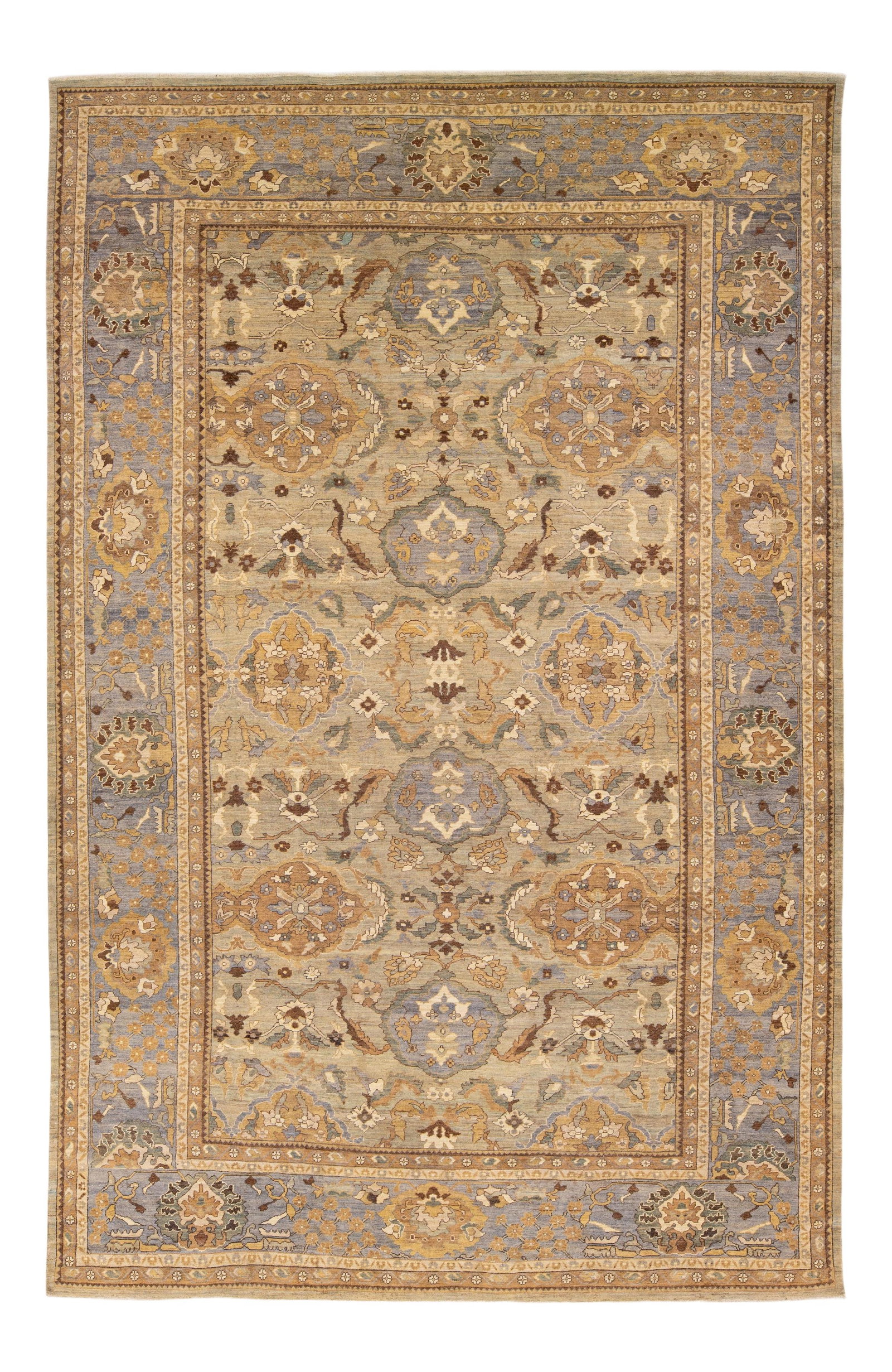 Oversize Modern Beige Sultanabad Floral Wool Rug 13' x 20'6": Oversize Modern Beige Sultanabad Floral Wool Rug 13' x 20'6" Experience the elegance of this modern Sultanabad hand-knotted wool rug, featuring a soft beige field and a sophisticated gray frame. Adorn