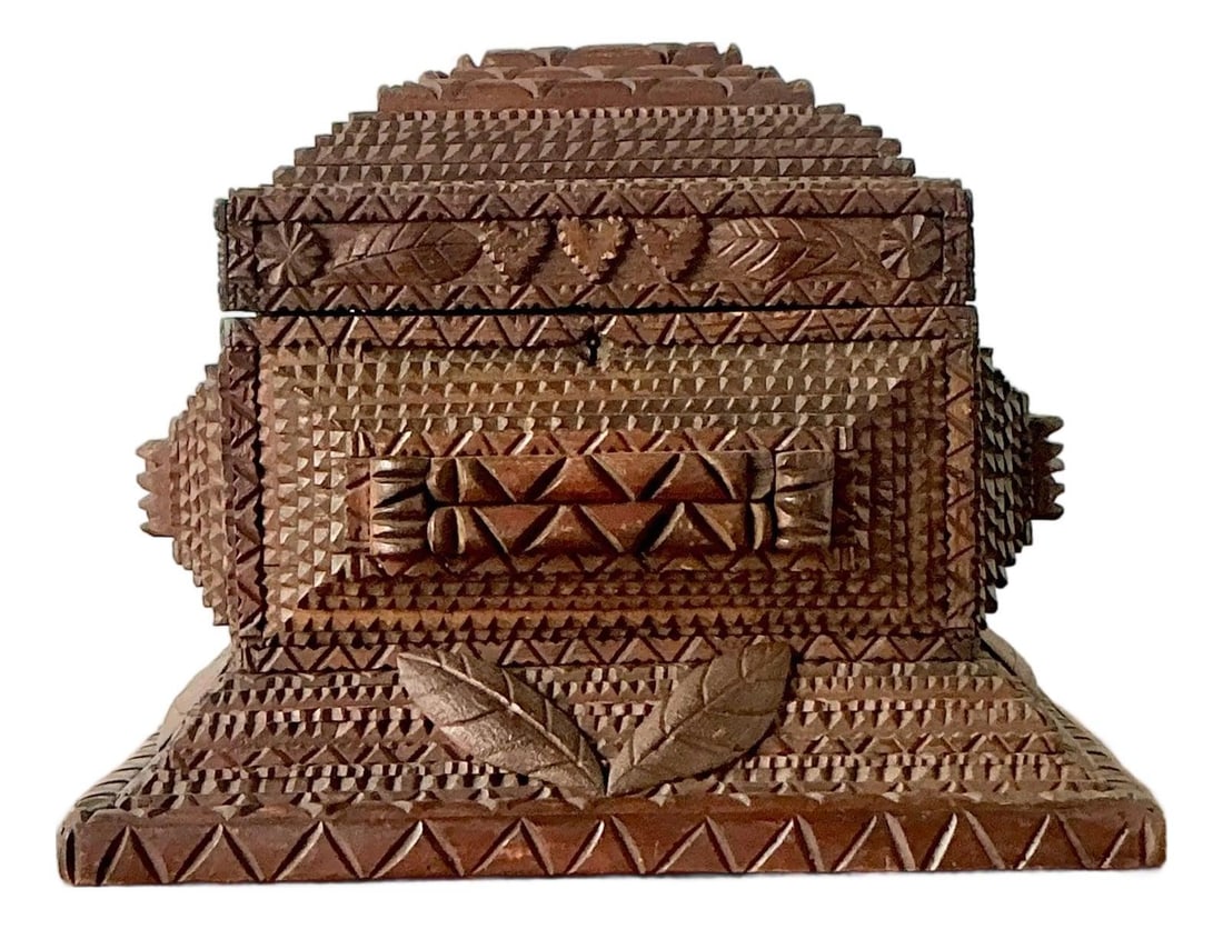 Hand-Carved Monumental Tramp Art Wooden Lidded Chest With Tray (1 of 10)