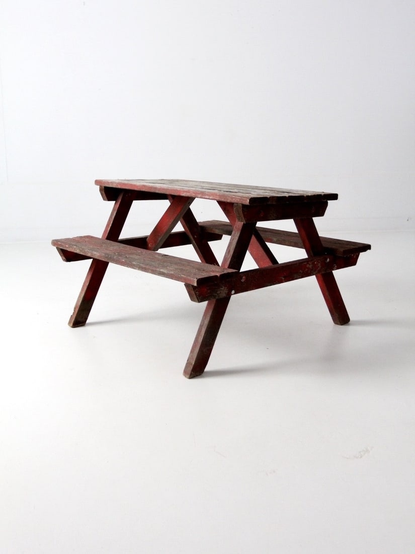 Rustic Vintage Children's Picnic Table Red Wood 35.5 x 34.75 (1 of 8)